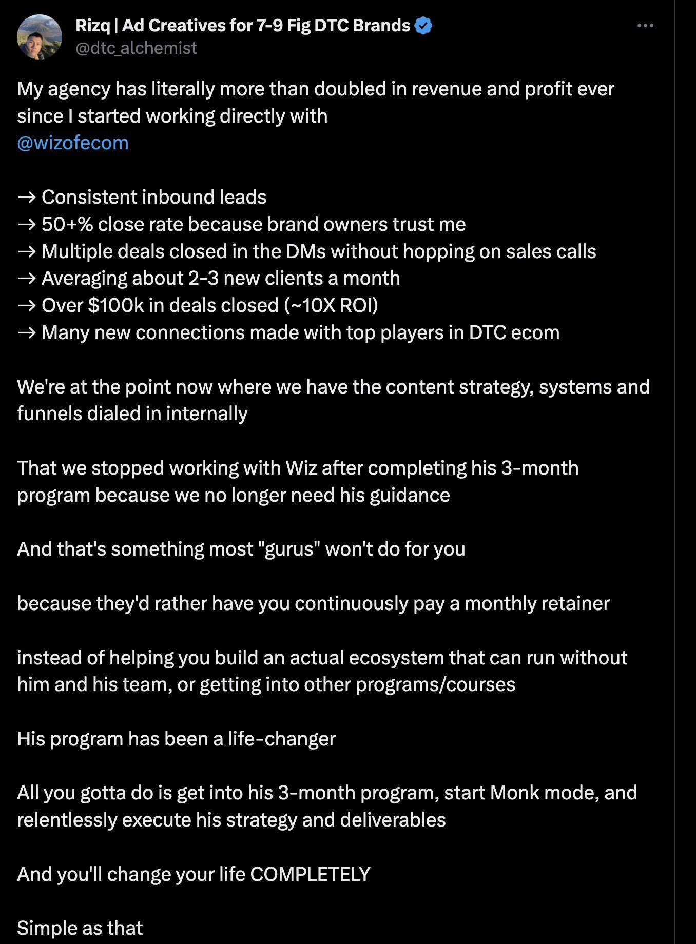 Rizq — doubled revenue + profit, $100K closed