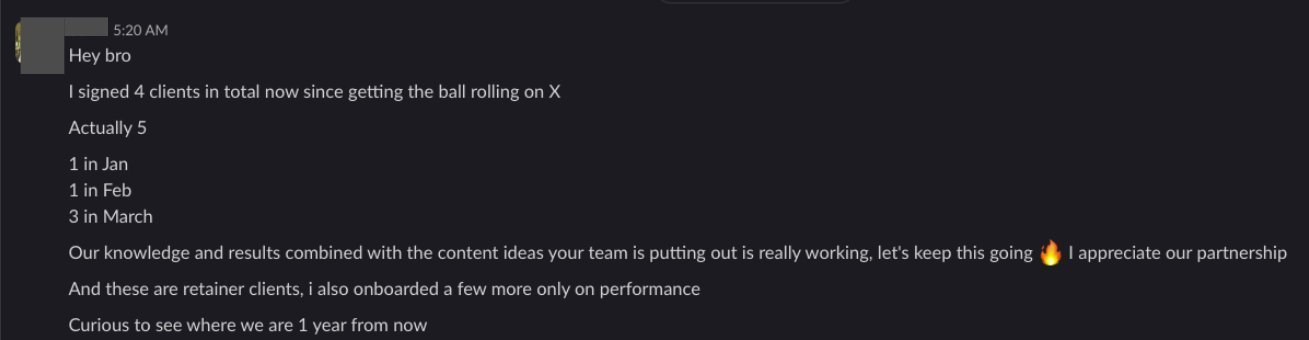 Signed 5 clients since starting on X